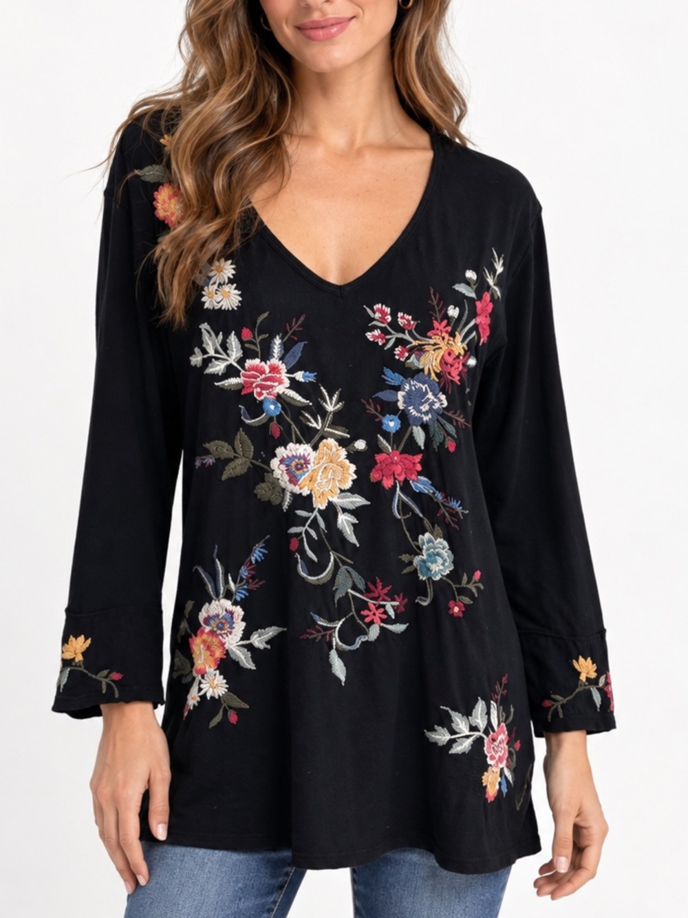 Johnny Was Embroidered Floral Tunic Top Black V Neck Cotton Boho Size Medium